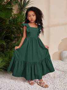 SHEIN Vestido Longo Sólido sem Mangas com Decote Quadrado para Menina, Adequado para o Festival de Música Chekorla - Verde - Visão 2