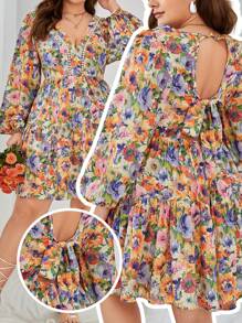 SHEIN VCAY Plus Floral Print Tie Backless Lantern Sleeve Ruffle Hem Dress,Beach Dress Sundress,Holiday Outfits Boho - Multicolor - View 8