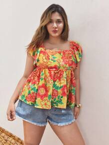 Maija Plus Size Summer Tropical Print Square Neck Ruffle Sleeve Babydoll Top For Women Elegant And Fashionable Bohemian Beach Holiday Style Casual Ruffle Loose,Summer Tops,Summer,Beach,Crop Tops Women,Western Wear Women,Going Out Tops,Vacation Woman,Office,Business Casual Women,Graduation,European Summer,Hawaii