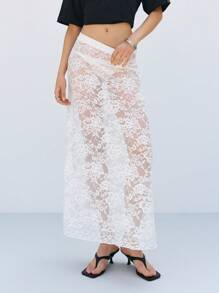 LYSMO Falda midi de encaje floral transparente de moda para mujer, nueva llegada 2025