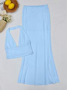 INAWLY Trang phục hai mảnh dành cho phụ nữ mặc hàng ngày - Màu xanh lam - Xem 3