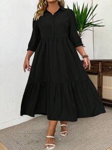 SHEIN Tall CURVE 大码女式纯色中长袖荷叶边前扣休闲中长连衣裙