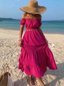 DAZY Vestido de mujer con hombros descubiertos, cintura fruncida y manga corta en línea A, ropa de vuelta al colegio y atuendos de vacaciones para mujeres - Rosa - Ver 3