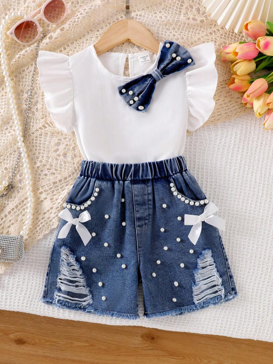 Elladie kids 2pcs Small Girls' Unique Pearled Bowknot Sleeve Top & Denim Shorts Set,Cute Sweet Summer Outfit Summer Holiday