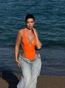 Swim SXY 女士性感低胸高开叉露背连体泳衣