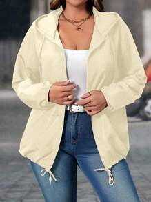EMERY ROSE Plus Size Women Solid Color Zipper Front Draw-String Hooded Casual Jacket Fall Winter Cloth For Women Autumn - Apricot - View 4