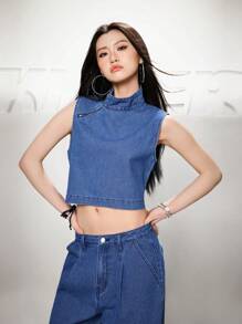 SHEIN EZwear Women Dark Blue Denim Short Fitted Top Summer,Graduation,Vacation,Country Concert,Concert,Cruise,Old Money Style Women,Going Out,Festival,Vacation,Birthday,Cute Summer - Blue - View 4