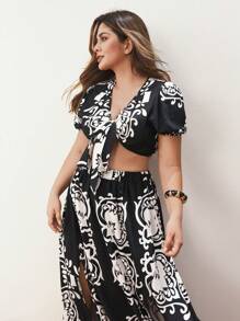 Maija Plus Size Women's Black And White Print V-Neck Tie Front Crop Top & High Slit Swing Skirt 2pcs Set,Summer Elegant Boho Vacation Holiday Beach Outfits - Black and White - View 1