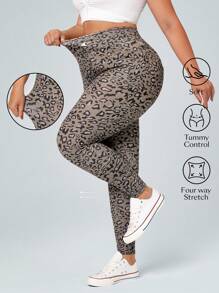 SHEIN Essnce Plus Size Women Denim Knit Sporty Leggings - Multicolor - View 1