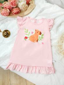 Robe de jeune fille douce, confortable et lisse en tissu ignifuge, avec un imprimé tout-sur-tout mignon et ludique de capybara de bande dessinée. Ourlet volant, sans manches, dos avec ouverture. Ensemble de 2 pièces rose et bleu - Multicolore - Voir 6