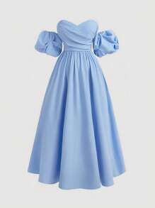 SHEIN MOD Vestido largo azul sin tirantes con volantes en las mangas tipo nube para tallas grandes, vestido de gala formal - Azul - Ver 1