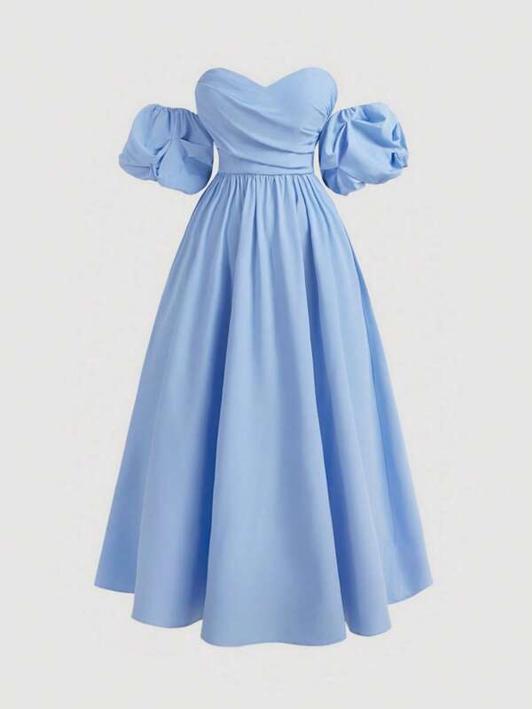 SHEIN MOD Plus Size Blue Strapless Long Dress With Ruffle Cloud Sleeves, Formal Gown,Birthday Dresses For Women,Summer Outfits For Women