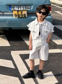 SHEIN 3 件套幼儿男童时尚白色干净短袖牛仔破洞夹克搭配舒适白色短裤，春夏季 - 白色 - 查看 8