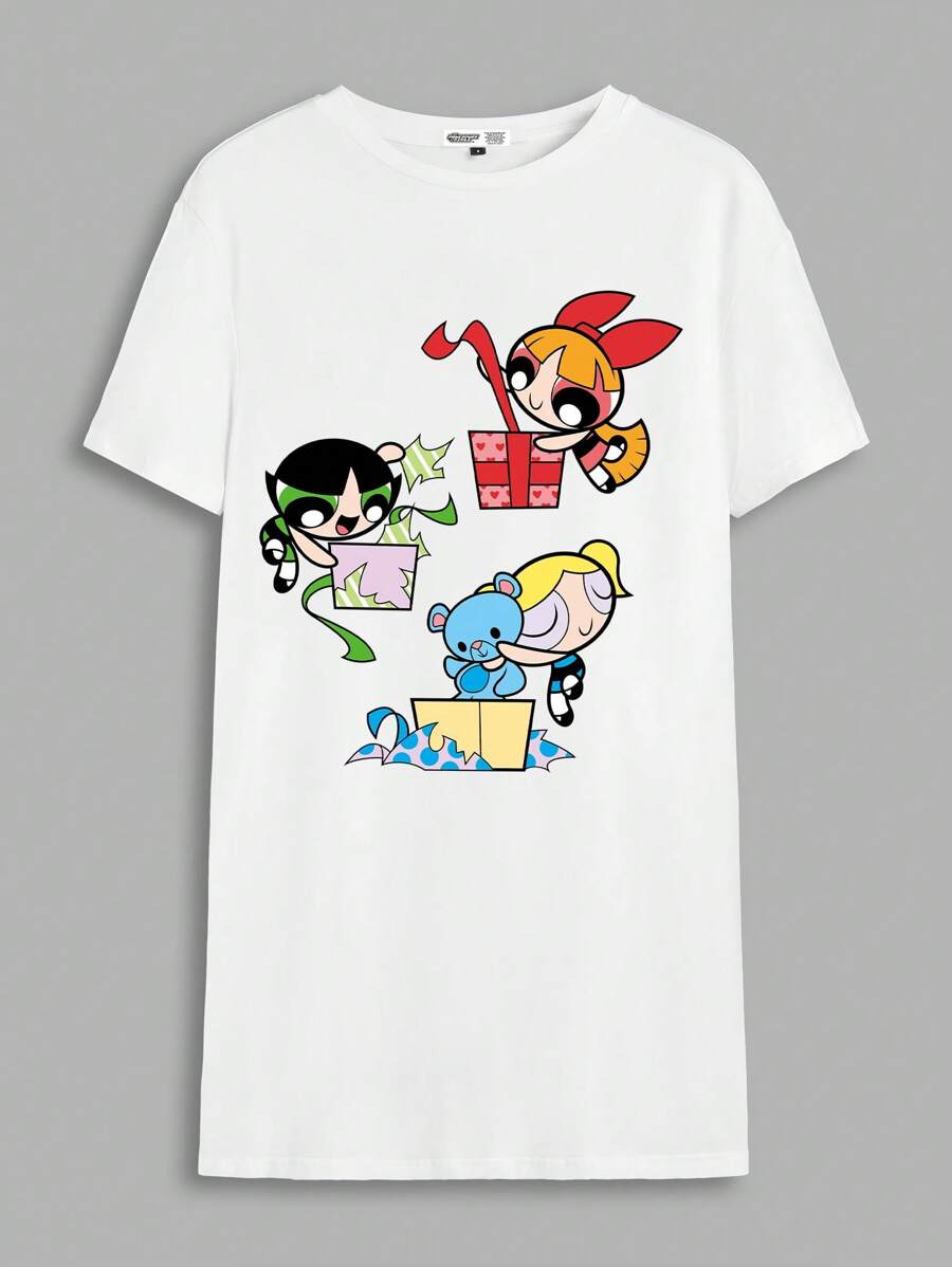 THE POWERPUFF GIRLS X SHEIN 女式可爱花朵、泡泡、毛茛图案圆领短袖连衣裙，夏季 - 白色 - 查看 1