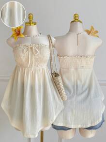 Comfortcana Plus Size Lace Hollow-Out Jacquard Tie Front Asymmetrical Hem Tube Top, Suitable For Spring And Summer