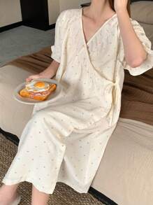 DAZY Polka Dot Print Ruched Design Wrap Loose Women's Bathrobe - Beige - View 3