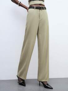 Maija Women's Light Green Summer Pants, Solid Color With Elastic Waist, Pockets, Double Belts, Straight And Loose Casual Fashion Everyday Wear, Suitable For Urban Commuting, Office And Formal Occasions - Green - View 4