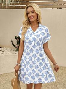 EMERY ROSE Women Allover Print Button Front Summer Casual Vacation Short Sleeve Mini Dress - Blue and White - View 8