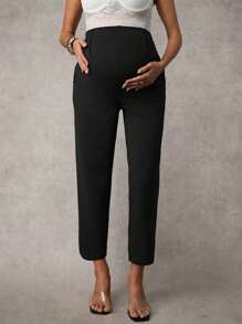 MaterniChic Pantalones de maternidad ajustables de cintura, de unicolor y de corte slim, elegantes - Negro - Ver 4