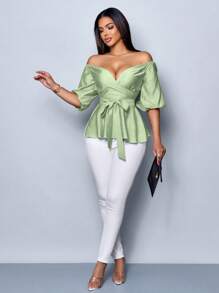 SOLERSUN 露肩优雅性感休闲办公室商务波西米亚花卉印花衬衫秋季上衣秋冬感恩节返校教师