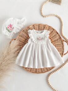 2 件套新生女婴花卉图案荷叶边连衣裙和帽子套装，可爱的夏季服装 - 白色 - 查看 2