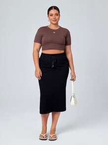 SHEIN Essnce Plus Size Summer Casual High-Stretch Denim Mini Skirt - Grey - View 4