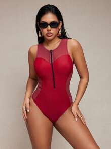 SHEIN Swim 1pc Women Mesh Zipper Drawstring One-Piece Swimsuit For Summer Beach Vacation