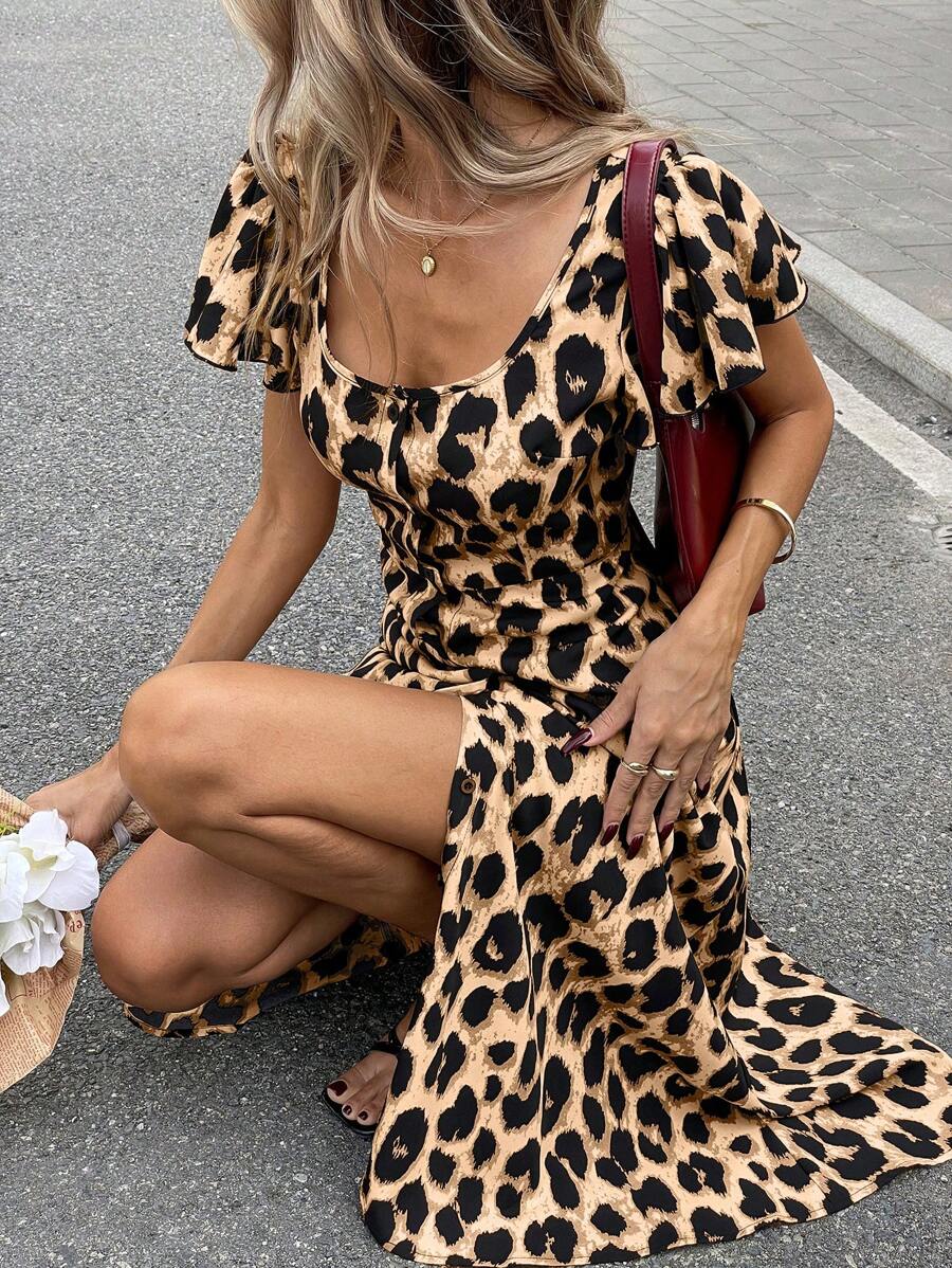 Siren Gaze 女式中长款豹纹连衣裙，夏季时尚，猎豹印花连衣裙 - 咖啡棕 - 查看 1