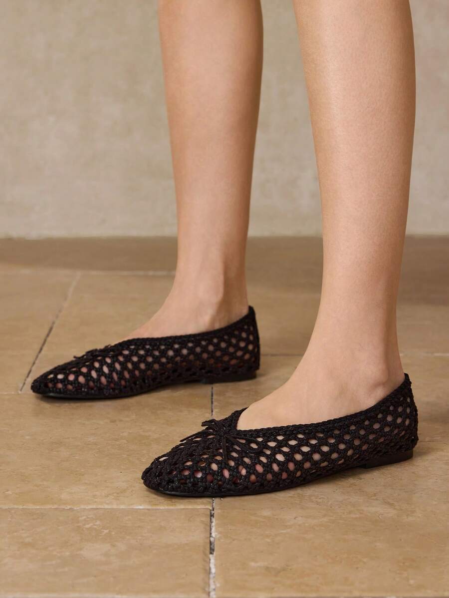 MOTF PREMIUM BLACK HOLLOW OUT BOW DECOR FLATS FOR CHRISTMAS SPRING SHOES - Black - View 2