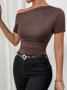 Calvaya Dames zomer slim fit effen kleur asymmetrische kraag geplooid T-shirt met korte mouwen