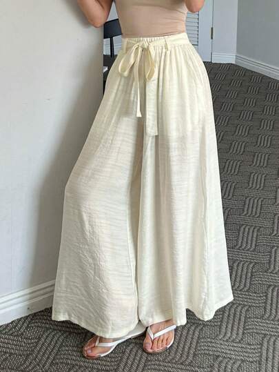 DAZY 纯色腰带装饰宽松裤，女式家居服下装睡衣