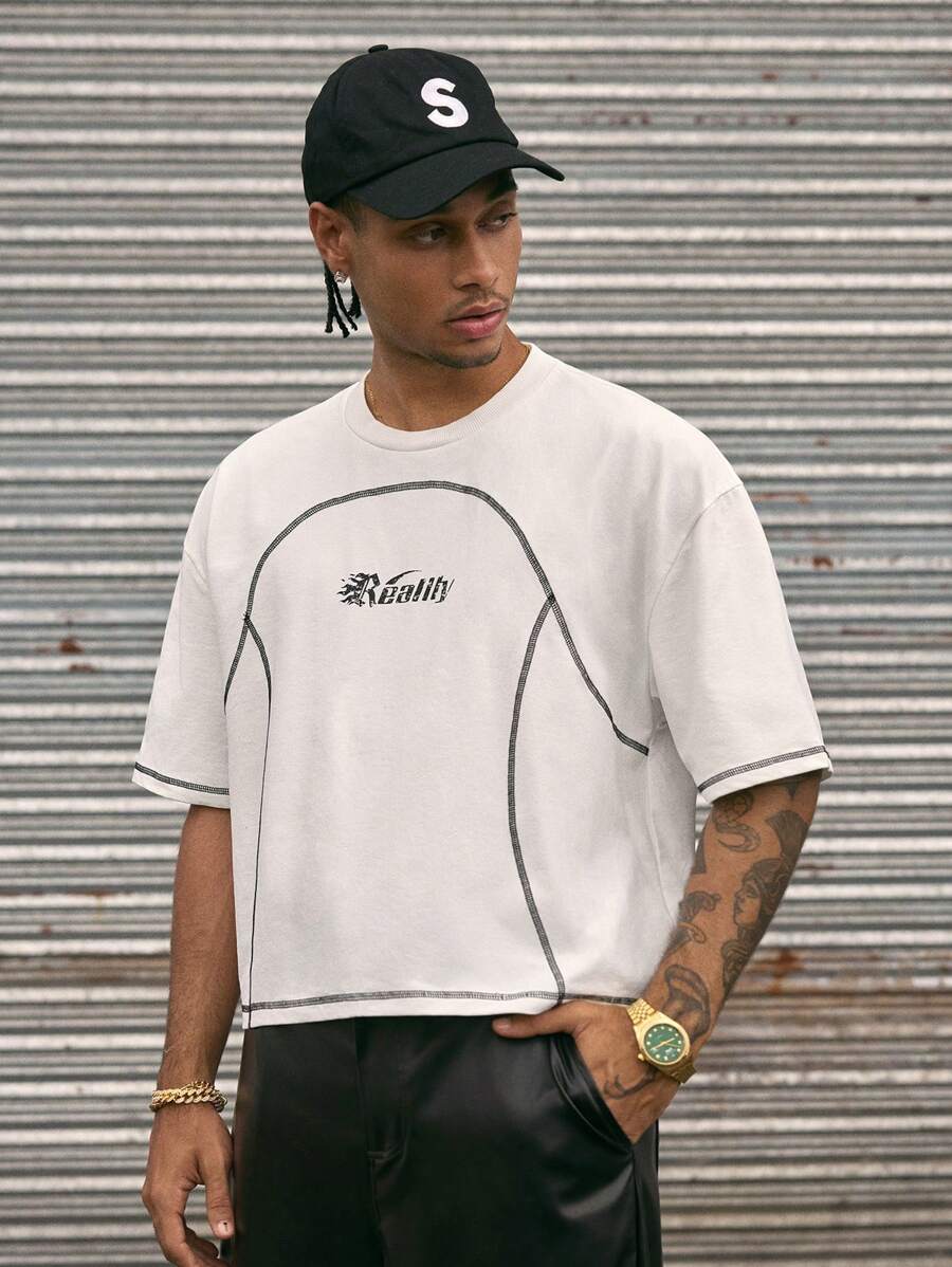 AXEPEAK 街头风格圆领宽松条纹超大T恤，男士，夏季，街头风格