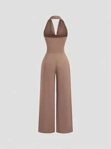 Sweetra Apricot Plunging Neck Backless Romper Jumpsuit With Wide Leg For Women - Brown - View 2