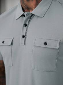 Manfinity Homme Men's Summer Casual Solid Color Short Sleeve Polo Shirt - Grey - View 2