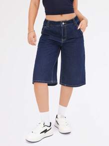 SHEIN EZwear Jeans informales con efecto desgastado, tiro bajo, pierna ancha y entrepierna de 6 pulgadas