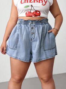 SHEIN CURVE+ 大码松紧腰牛仔短裤，蓝色