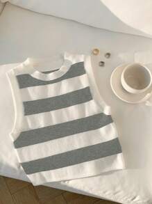 Comfortcana Atasan Rajut Tanpa Lengan Bergaris untuk Wanita, Sederhana & Modis untuk Musim Panas - Light Grey - View 5