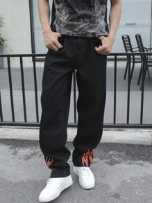 Manfinity Roghcode 男式休闲撞色火焰印花牛仔裤 - 黑色 - 查看 3
