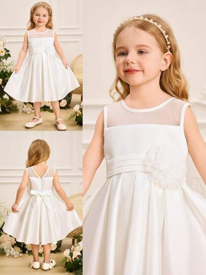 SHEIN Glamorique Kids All Season Girls Young Girl' Sweet Cute Vacation Dress, Solid Color Wedding Flower Girl Dress, Sleeveless Waist 3D Floral Princess Dress Young Girls Clothing Dress Young Girls Dresses Formal