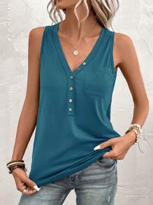 SHEIN Clasi Áo ba lỗ cổ chữ V trơn màu thời trang dành cho nữ, phù hợp cho mùa hè - Màu xanh ngọc - Xem 6