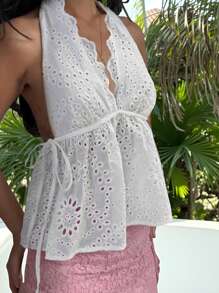 INAWLY Blusa de mujer con escote en V sexy, espalda descubierta y nudo en el cuello, con diseño jacquard calado