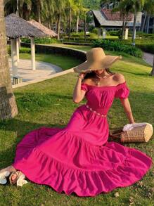 DAZY Vestido de mujer con hombros descubiertos, cintura fruncida y manga corta en línea A, ropa de vuelta al colegio y atuendos de vacaciones para mujeres - Rosa - Ver 2