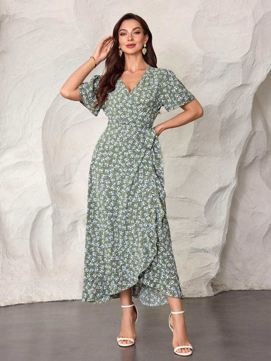 Modelyn French Style Waist-Cinched Printed Long Dress - Green - View 1