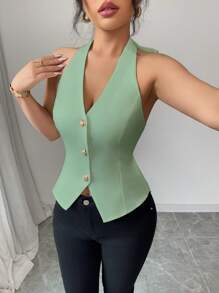 Elenzga Tie Neck Backless Bow Elegant Ladies Blouse - Green - View 3