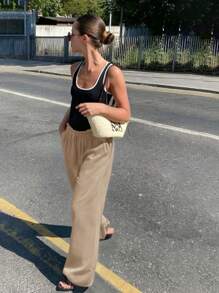 SHEIN Frenchy Quần dài thường ngày màu trơn cho nữ, phù hợp cho mùa hè - Màu Khaki - Xem 5