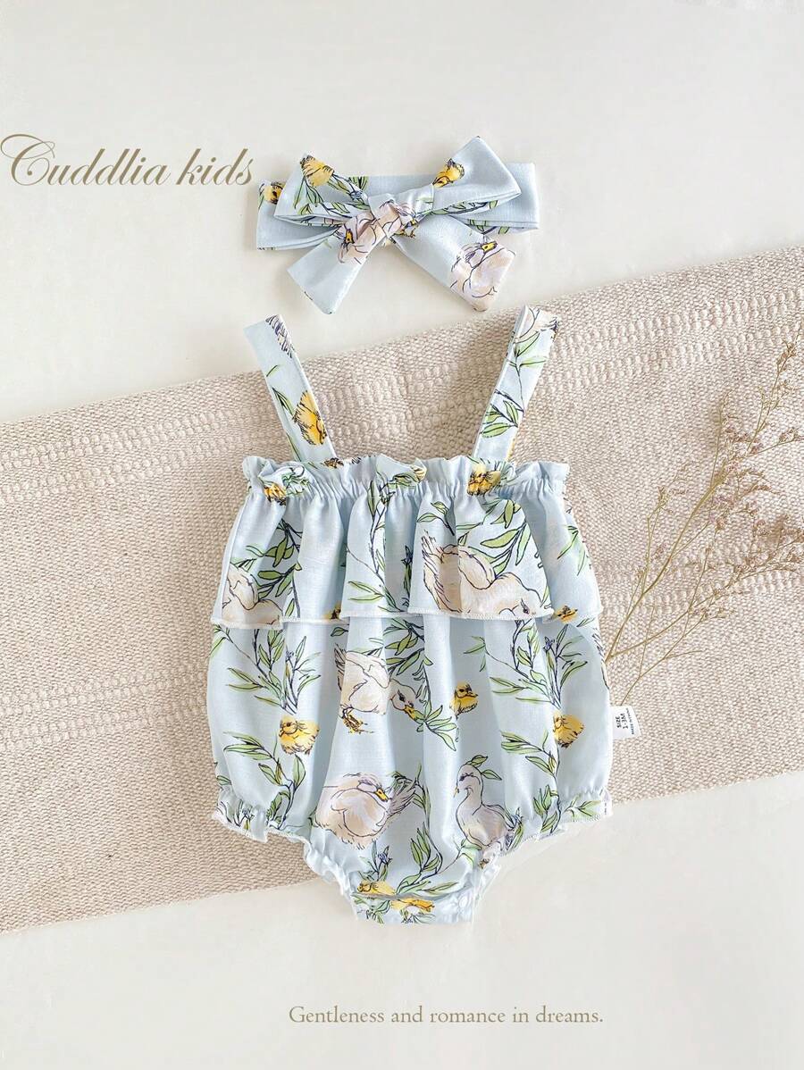 Newborn Cute Duck Print Ruffle Trim Romper With Headband, Sweet Green Home Outfit Set - Green - View 1