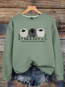 Glissea Women's Casual Daily Wear Sheep & Letter Graphic Crew Neck Sweatshirt,Graduation,Teacher,Back To School Pullover Fall