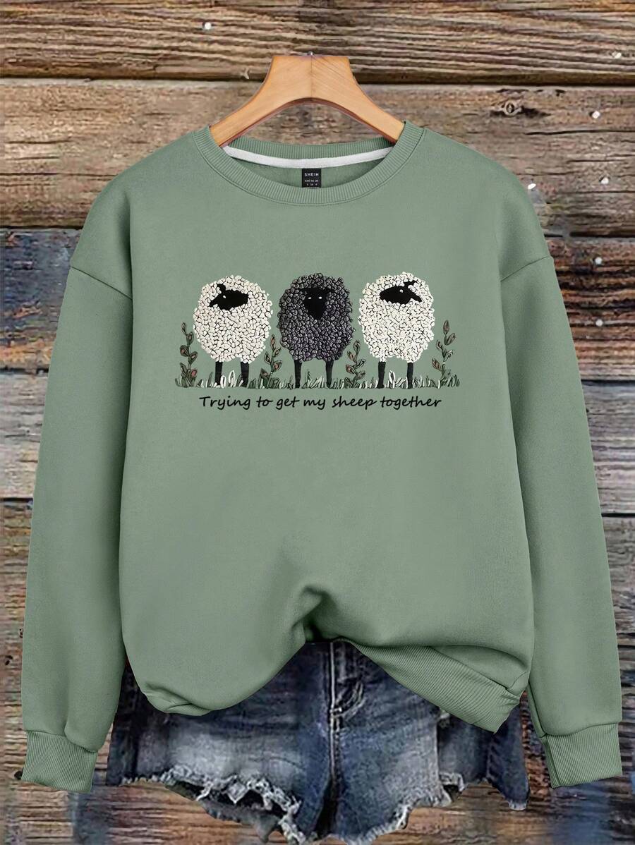 Glissea Women's Casual Daily Wear Sheep & Letter Graphic Crew Neck Sweatshirt,Graduation,Teacher,Back To School Pullover Fall