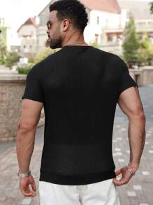 Manfinity Homme Plus Size Men's Simple Solid Color V-Neck Short Sleeve T-Shirt, Summer - Black - View 2