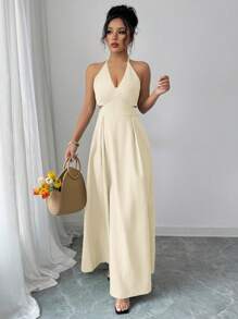 Elenzga Vestido de unicolor con escote en V profundo, espalda descubierta y cordones, estilo vacacional de verano - Albaricoque - Ver 6